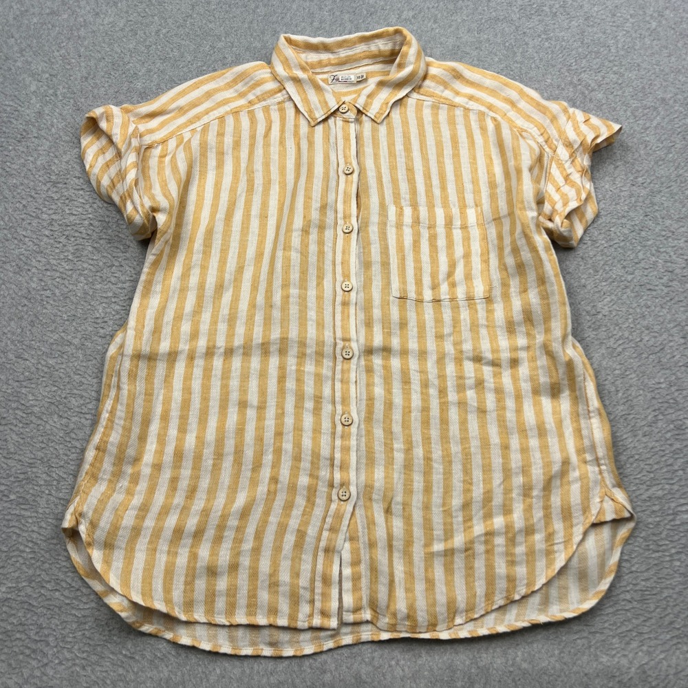Faherty Button Up Shirt Womens XS Yellow Striped 100% Linen Woven Short Sleeve
